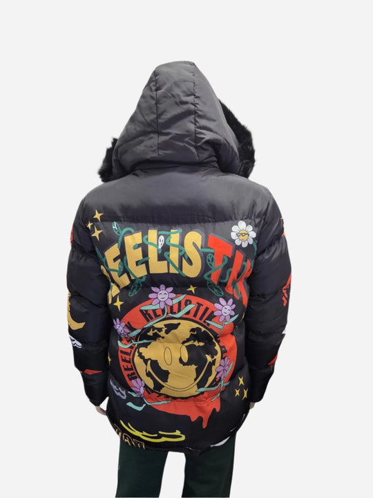 FEEIST Red Puffer Jacket with Fur Hood