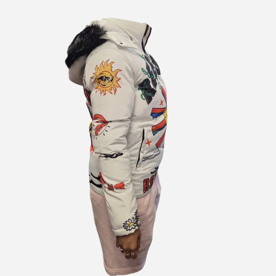 FEEIST Red Puffer Jacket with Fur Hood