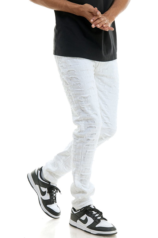 Men’s White Textured ripped and Stacked Jeans
