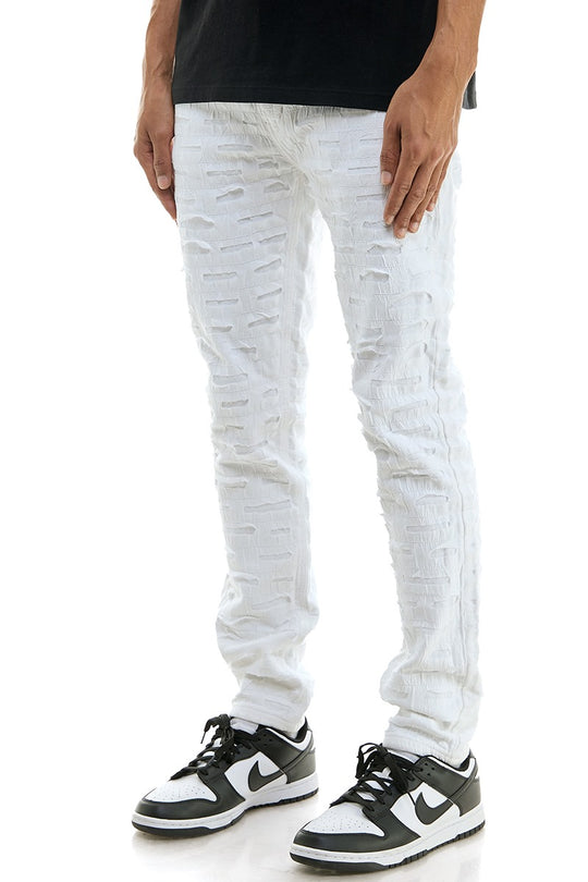 Men’s White Textured ripped and Stacked Jeans