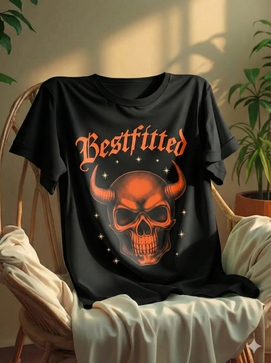 Men's Gothic Streetwear T-Shirt - Bestfitted Orange Skull Graphic & Sleeve Print