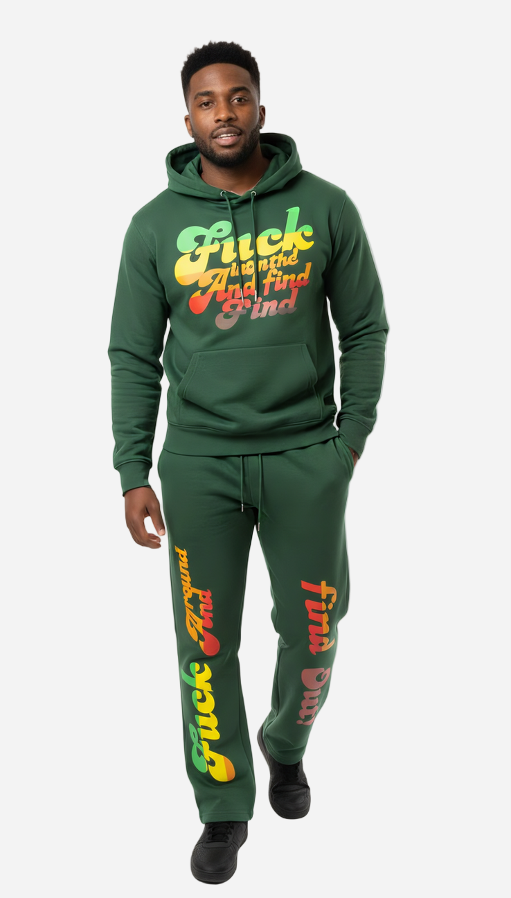 Person wearing a green tracksuit with colorful text on a white background
