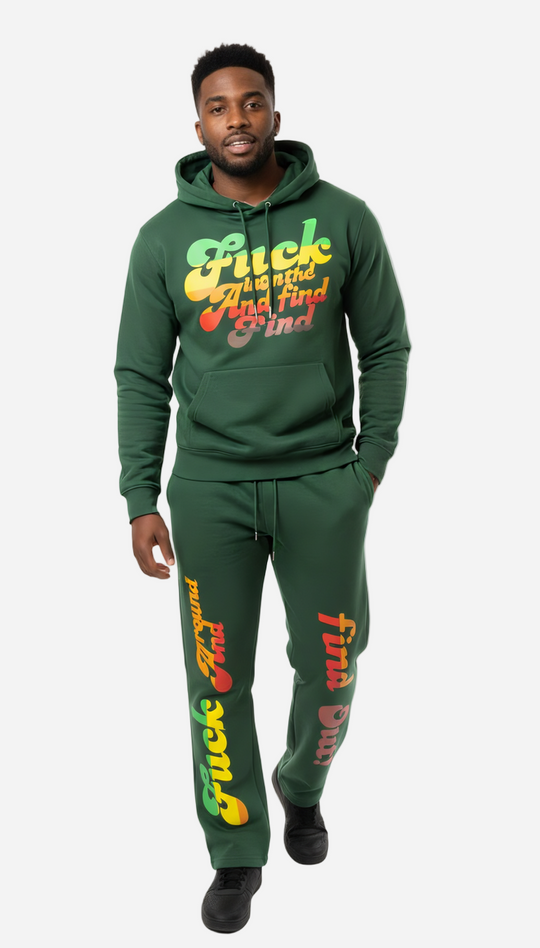 Person wearing a green tracksuit with colorful text on a white background