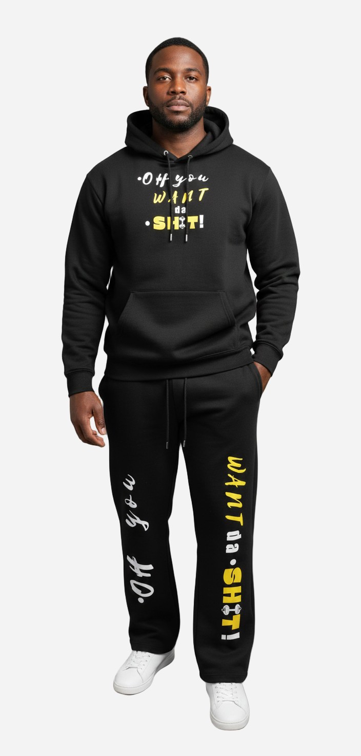 Person wearing a black hoodie and pants with text on a gray background