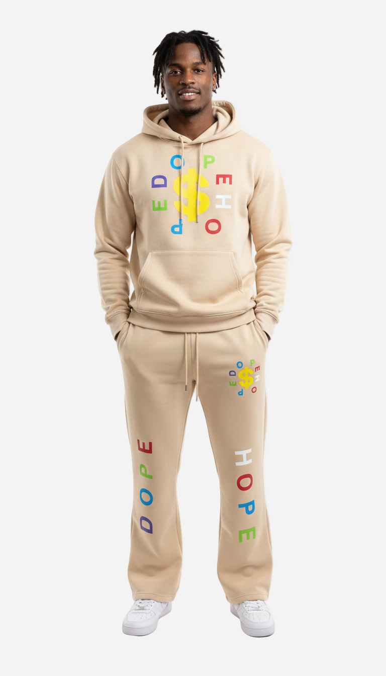 Person wearing a beige hoodie and sweatpants set with colorful text on a white background