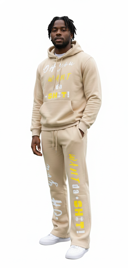 "WANT DA SH*T!" Black & Yellow Slogan Sweatsuit Set - Gray