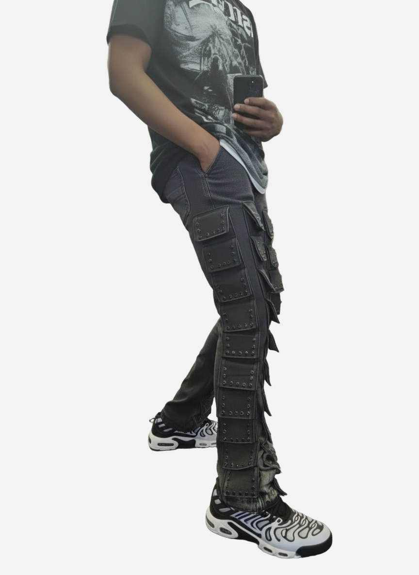 Goth Punk Stacked Cargo Flare Jeans