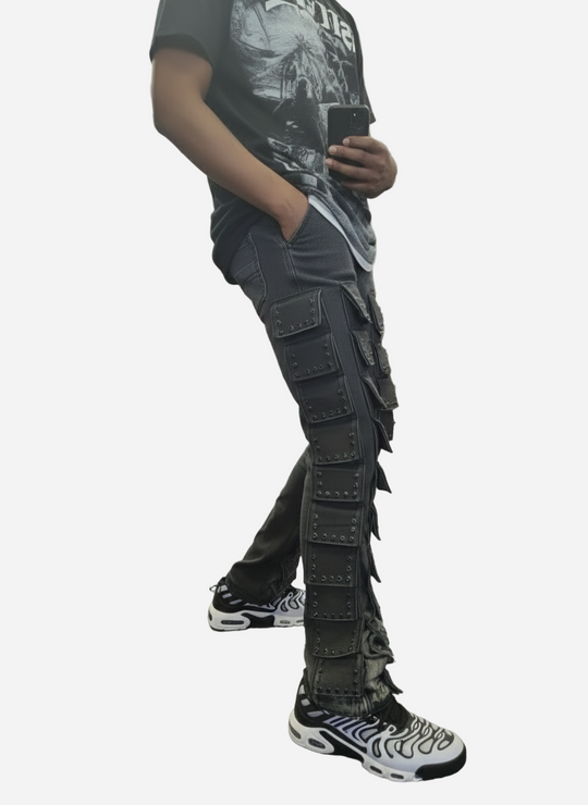 Goth Punk Stacked Cargo Flare Jeans