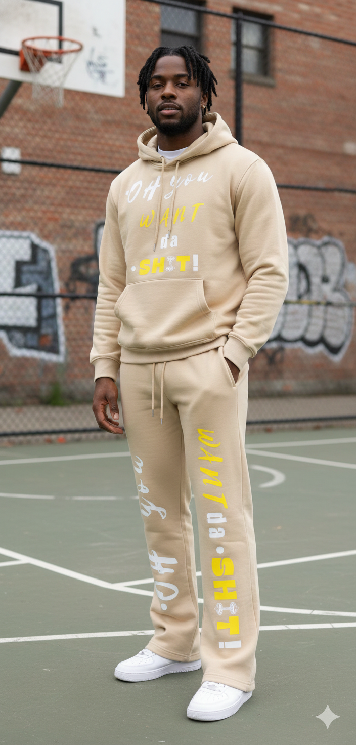 "WANT DA SH*T!" Black & Yellow Slogan Sweatsuit Set - Gray
