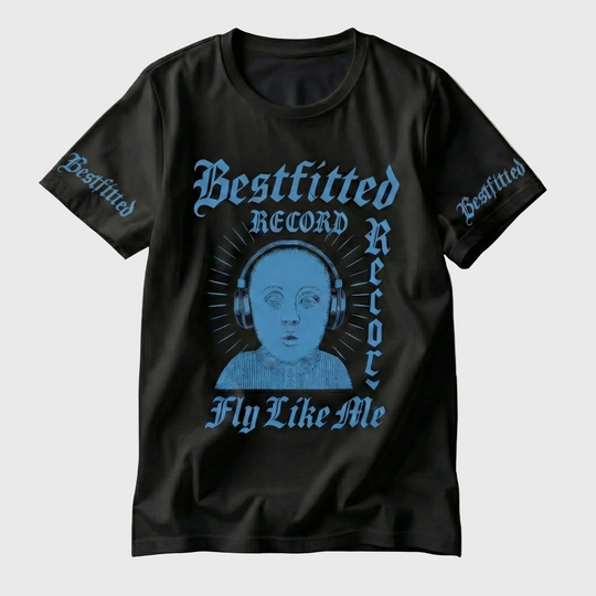 Bestfitted Black Graphic T-Shirt - "Fly Like Me" Vintage Headphone Design - Men's Urban Streetwear