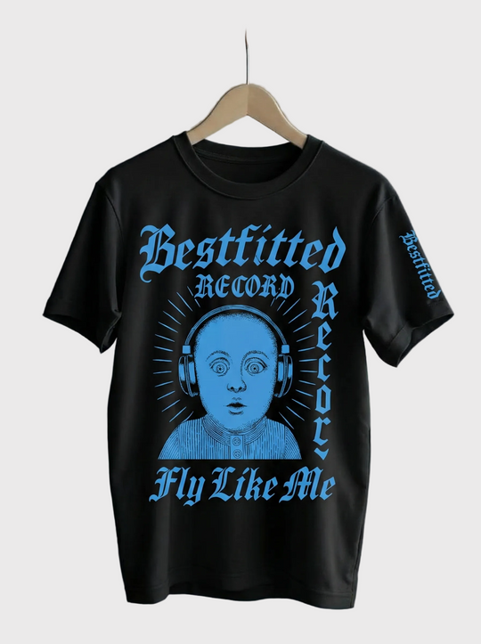 Black t-shirt with blue graphic design on a hanger against a gray background