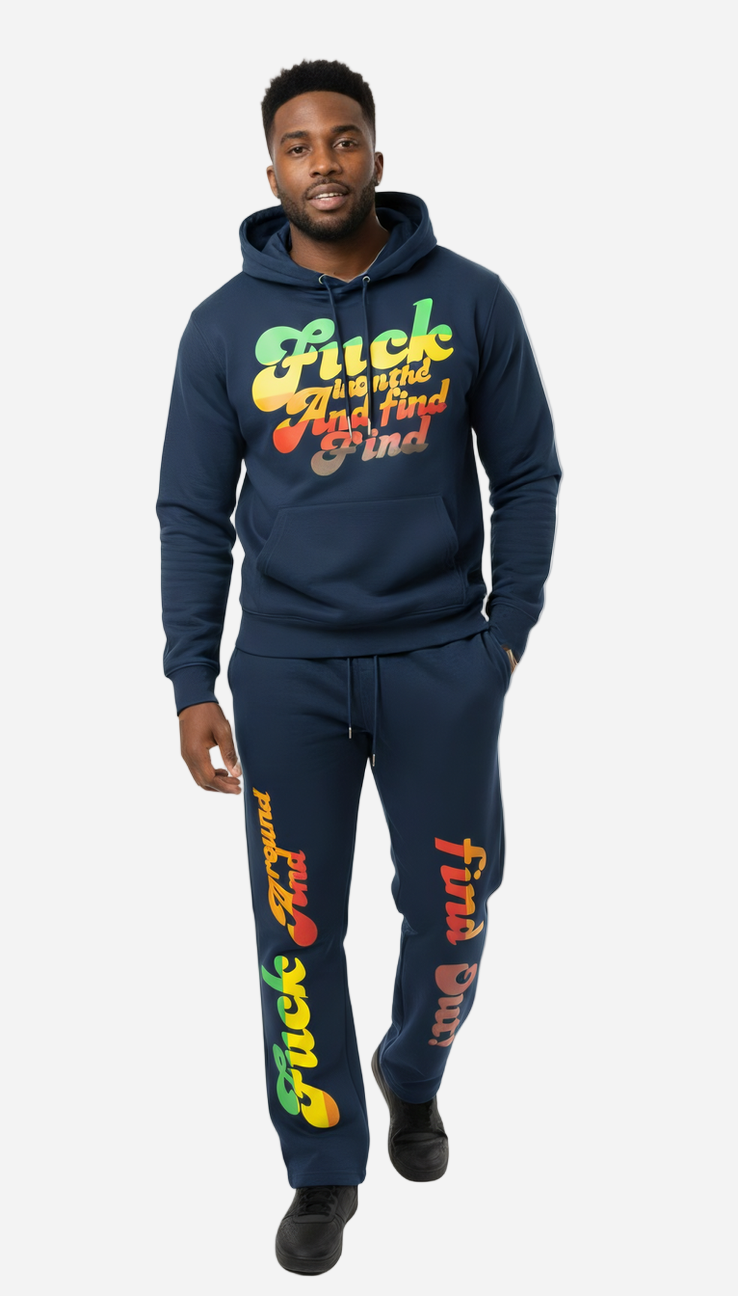 Person wearing a navy blue hoodie and pants with colorful text on a white background
