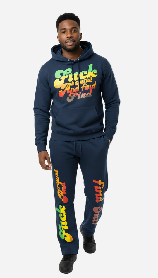 Person wearing a navy blue hoodie and pants with colorful text on a white background