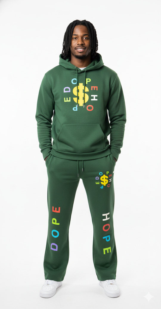 Person wearing a green hoodie and pants with colorful text on a white background