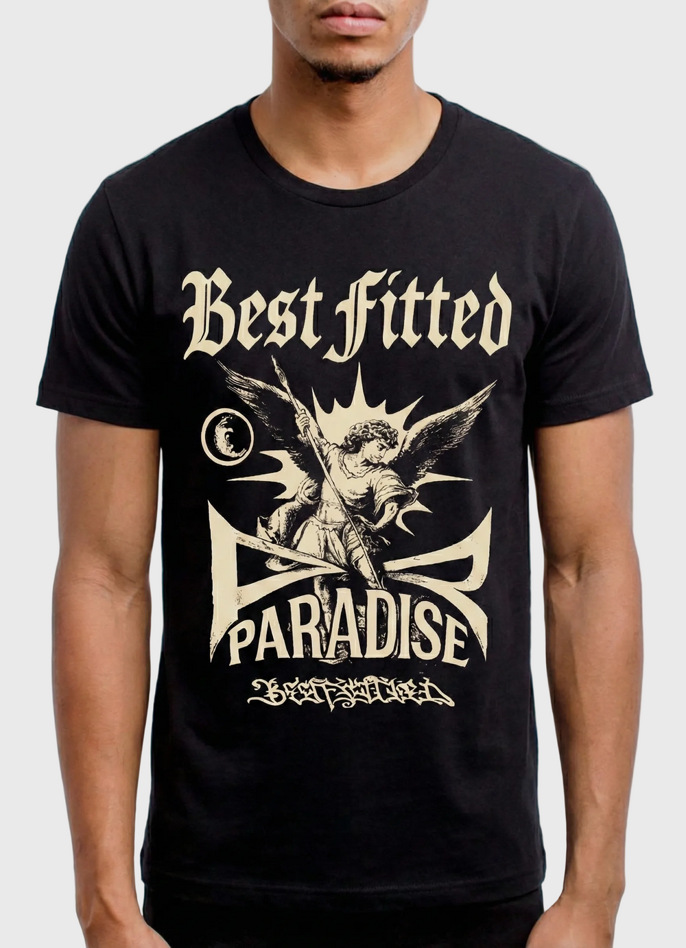 Black t-shirt with 'Best Fitted Paradise' graphic design on a plain background