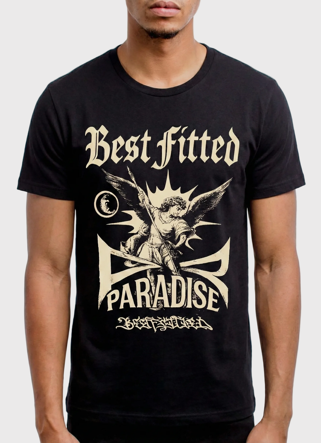Black t-shirt with 'Best Fitted Paradise' graphic design on a plain background