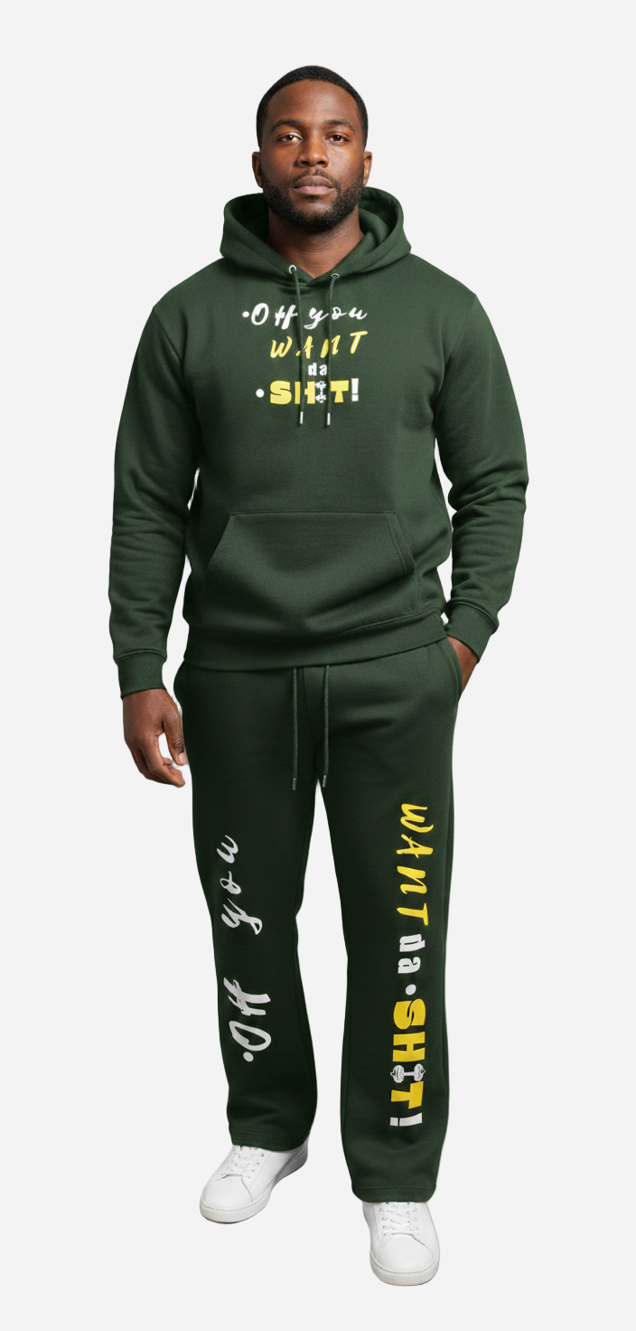 Man wearing a green hoodie and pants with text on a gray background