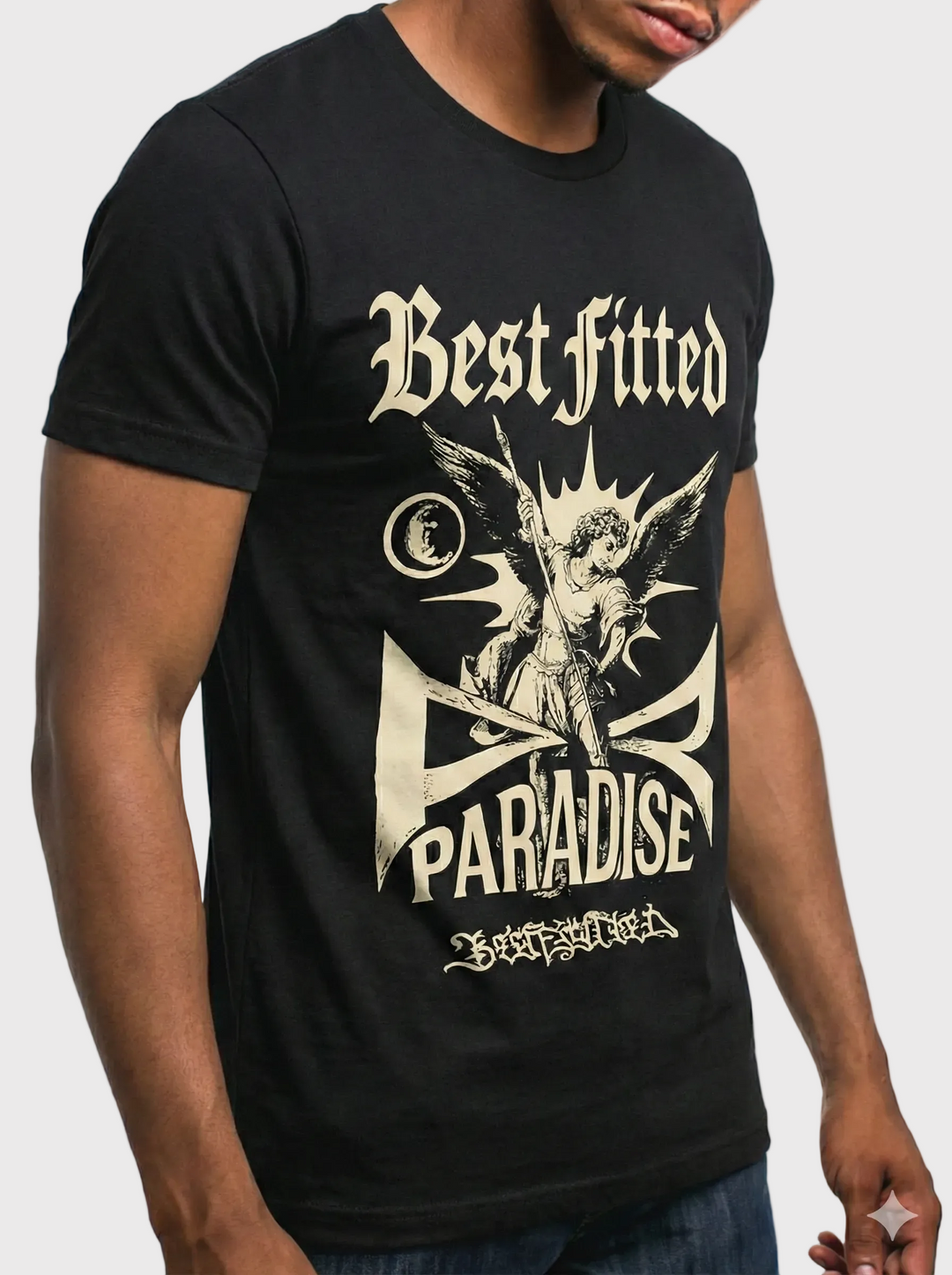 Black t-shirt with 'Best Fitted Paradise' graphic design on a plain background