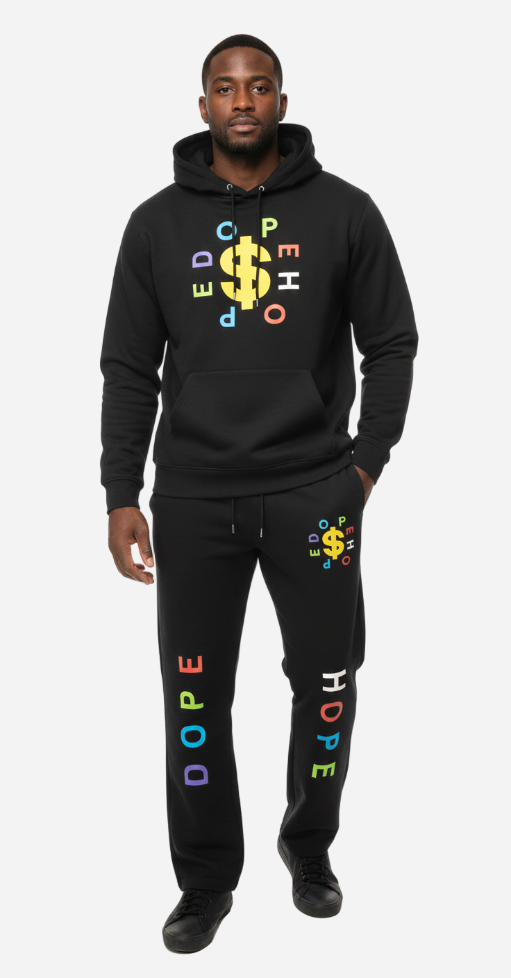Person wearing a black hoodie and pants with colorful text on a white background