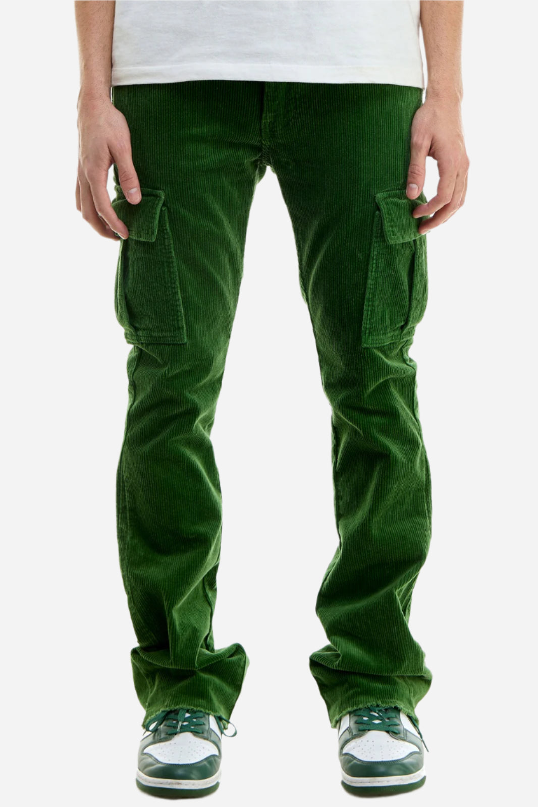 Green Corduroy Cargo Skinny Flare Pants - Skinny Flare Fit