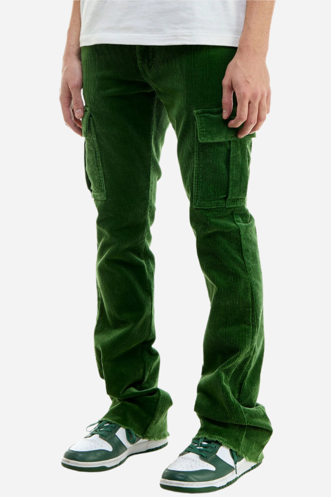 Green Corduroy Cargo Skinny Flare Pants - Skinny Flare Fit