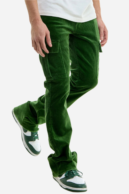Green Corduroy Cargo Skinny Flare Pants - Skinny Flare Fit