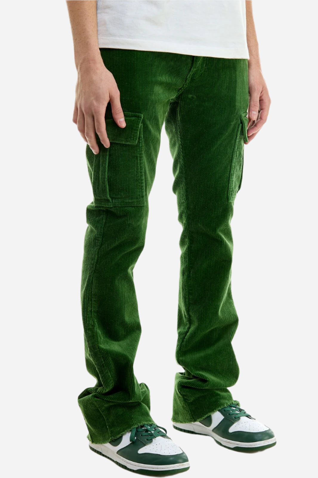 Green Corduroy Cargo Skinny Flare Pants - Skinny Flare Fit