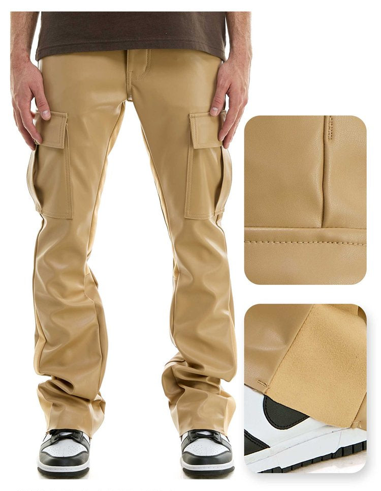 Khaki PU Skinny Flare Cargo Pant