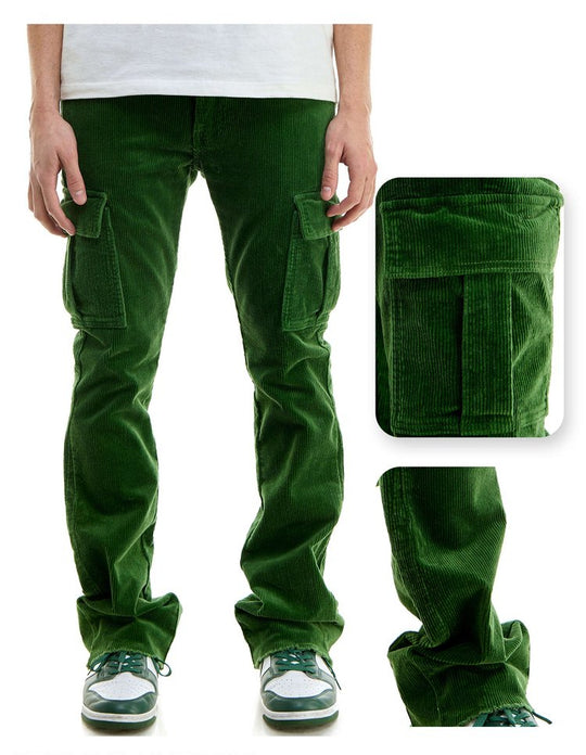 Green Corduroy Cargo Skinny Flare Pants - Skinny Flare Fit