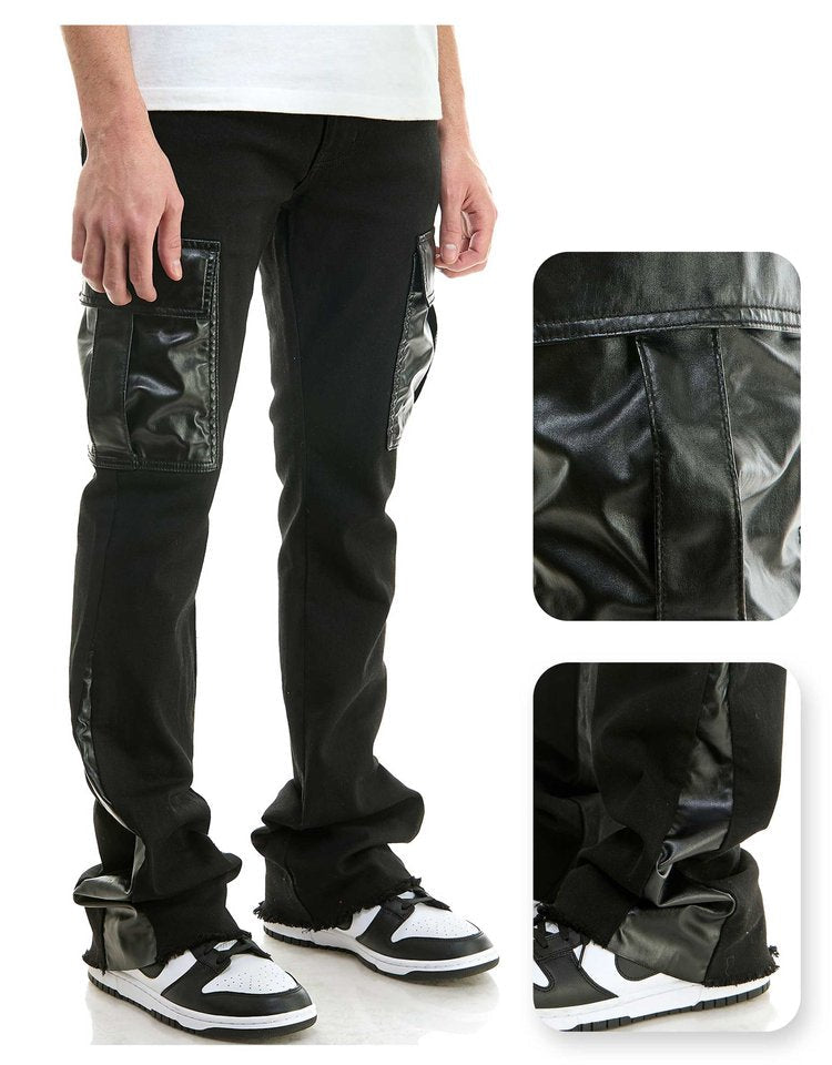 Black PU Combo Skinny Flare Cargo Pants - Stacked Flare Fit