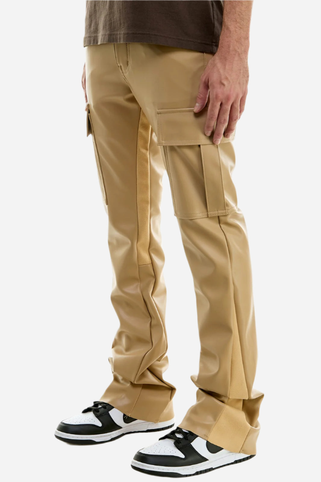 Khaki PU Skinny Flare Cargo Pant
