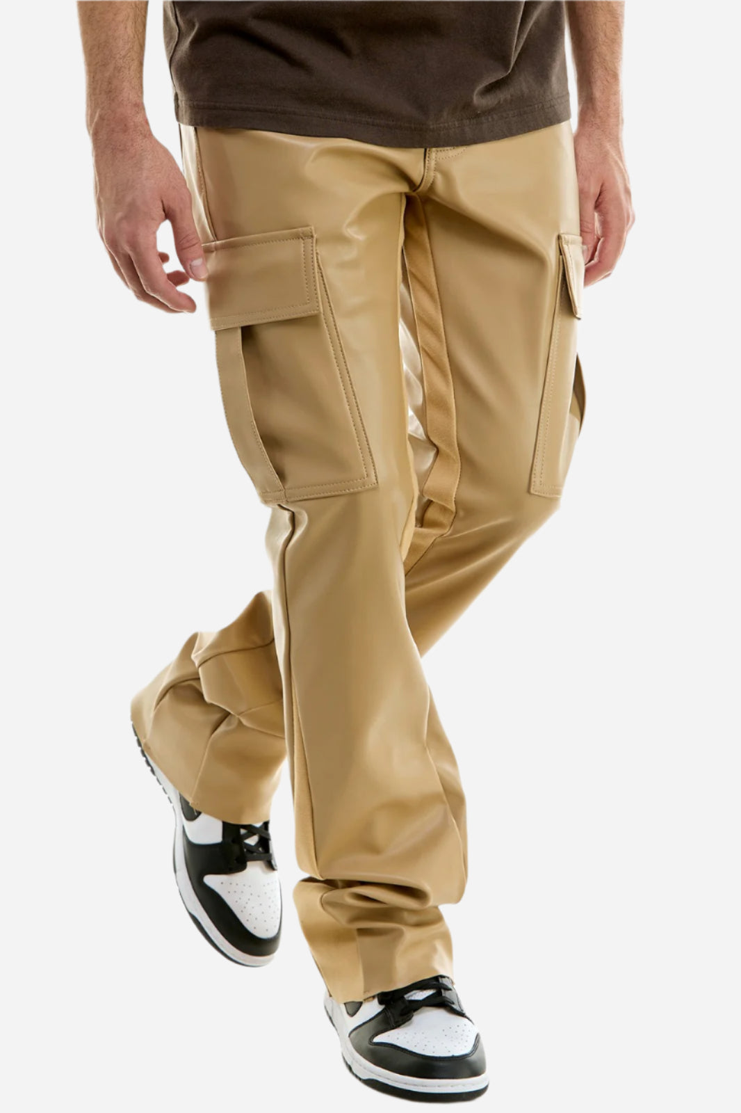 Khaki PU Skinny Flare Cargo Pant