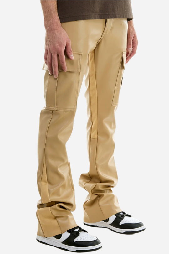 Khaki PU Skinny Flare Cargo Pant