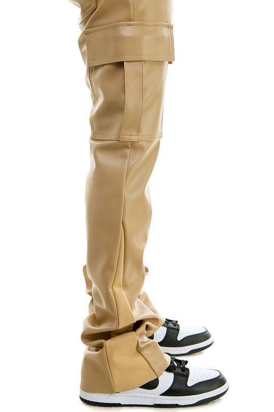 Khaki PU Skinny Flare Cargo Pant