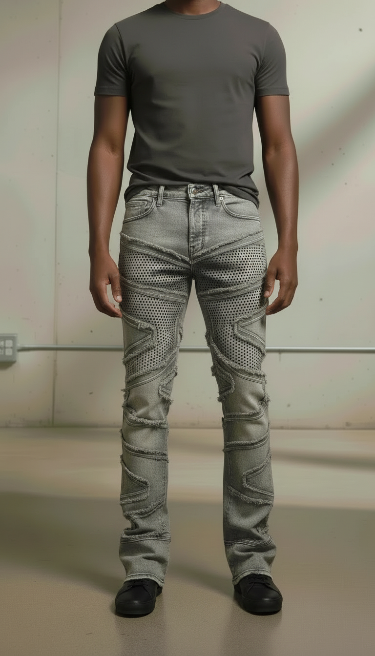 Person wearing a gray t-shirt and light gray jeans against a neutral background