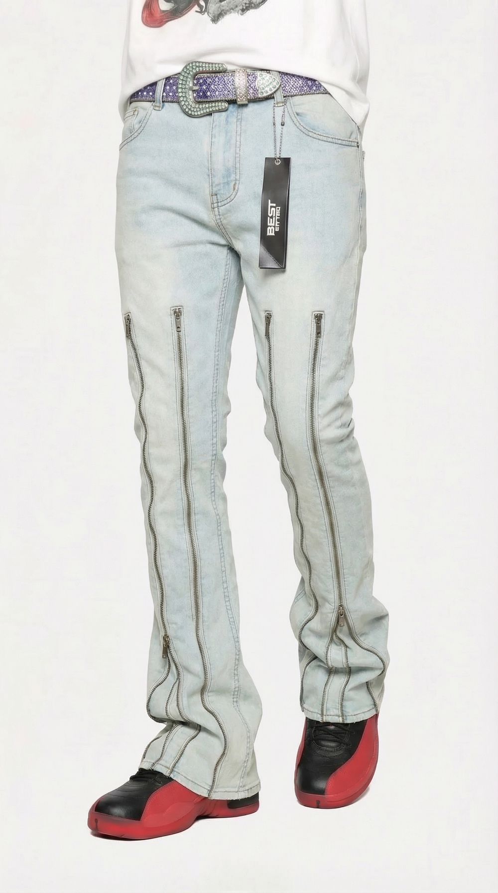 Light blue jeans with a brand label on a white background
