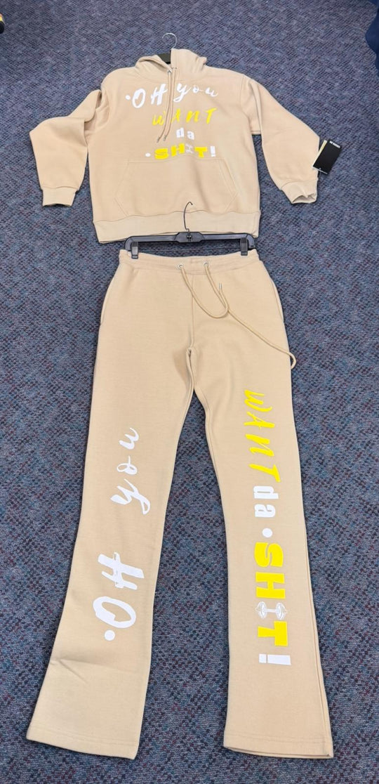 "WANT DA SH*T!" Black & Yellow Slogan Sweatsuit Set - Gray