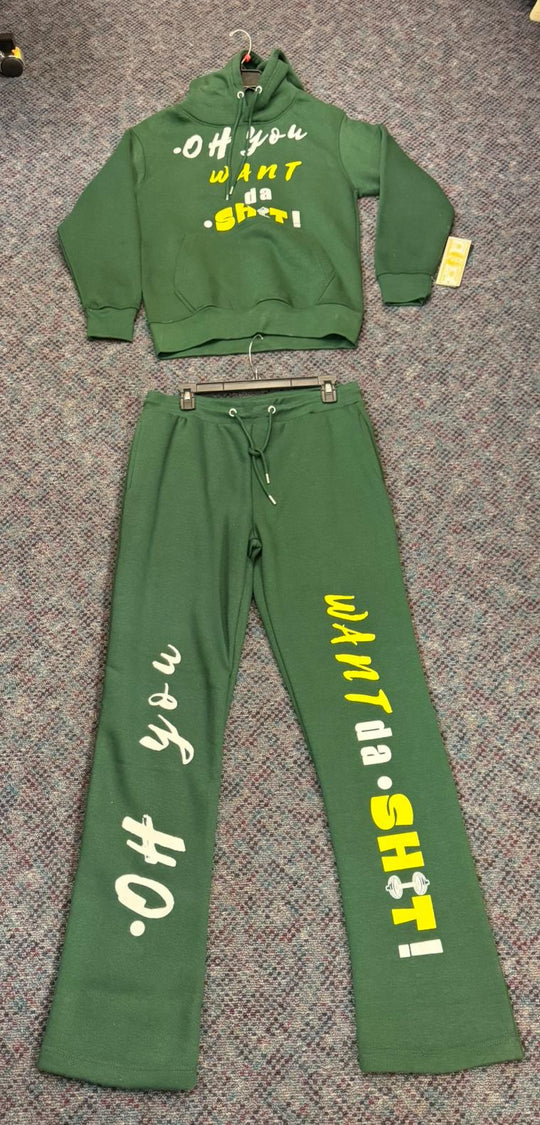 "WANT DA SH*T!" Black & Yellow Slogan Sweatsuit Set - Green