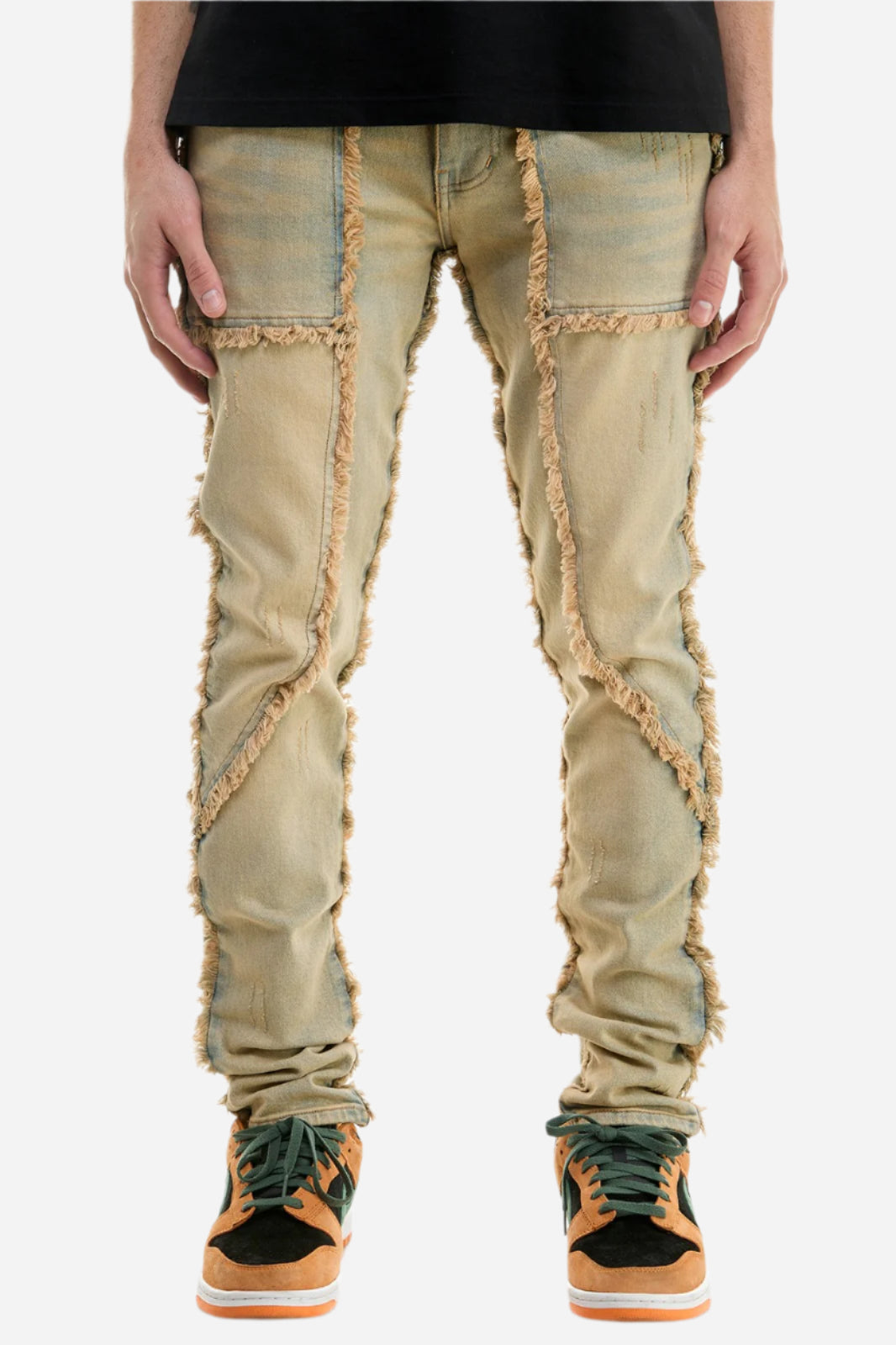 Distressed Fringe Panel Jeans