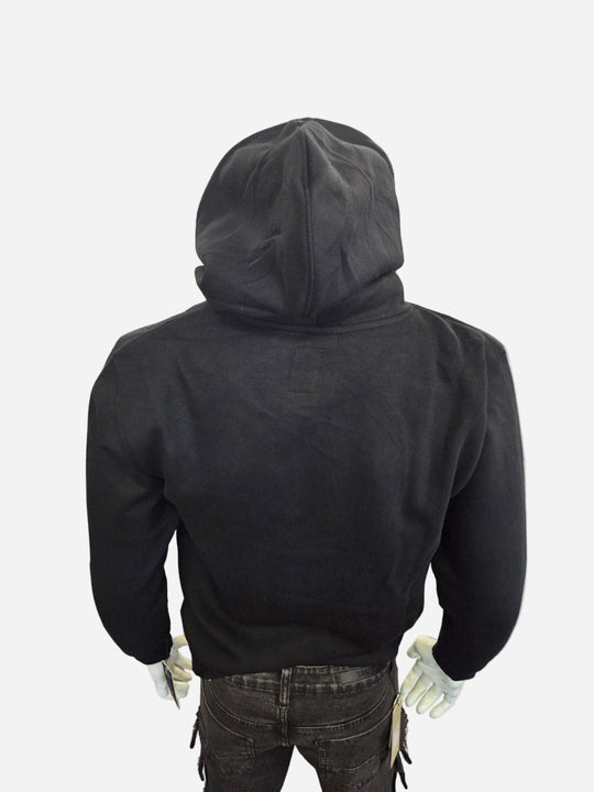 Black hoodie worn by a person on a white background
