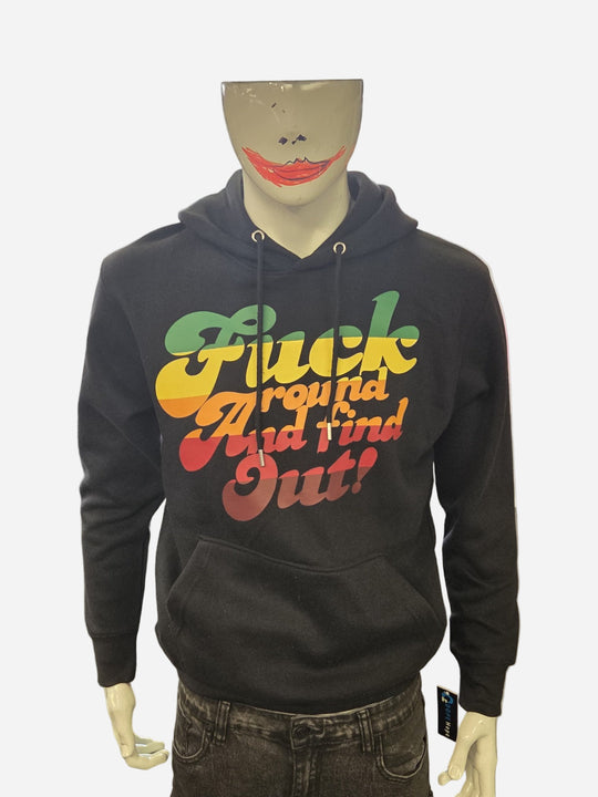Black hoodie with colorful text on a mannequin against a plain background