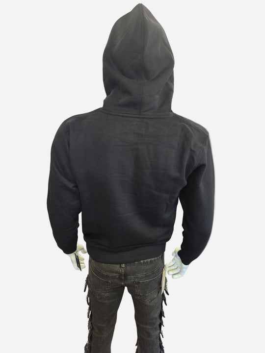 Black hoodie worn by a mannequin on a white background