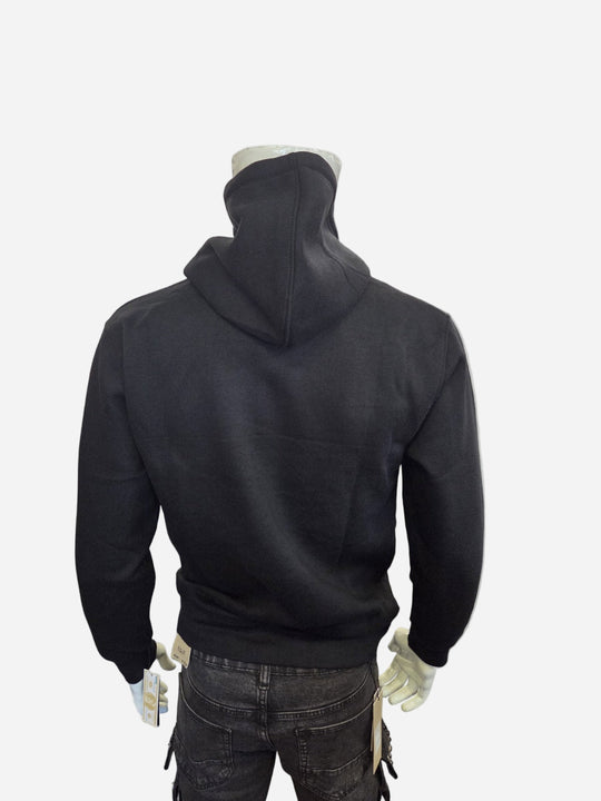Black hoodie on a mannequin against a white background