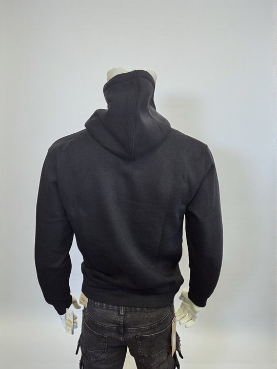 Black hoodie on a mannequin against a white background