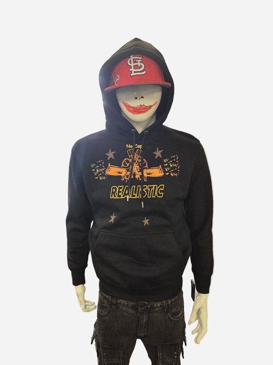 Black hoodie with graphic design and red cap on a mannequin against a white background