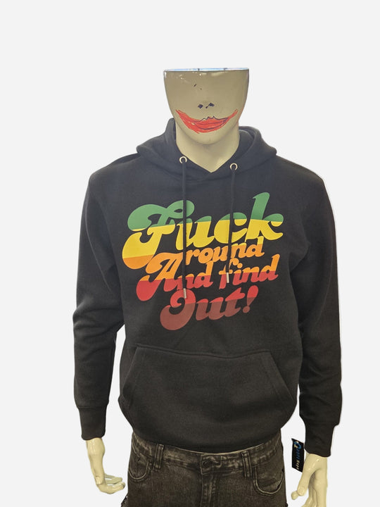 Black hoodie with colorful text on a white background