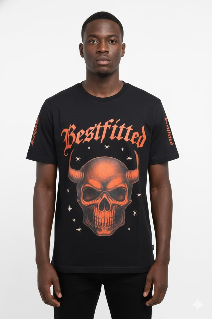 Men's Gothic Streetwear T-Shirt - Bestfitted Orange Skull Graphic & Sleeve Print