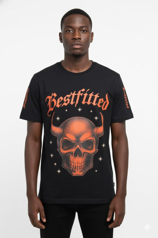 Men's Gothic Streetwear T-Shirt - Bestfitted Orange Skull Graphic & Sleeve Print