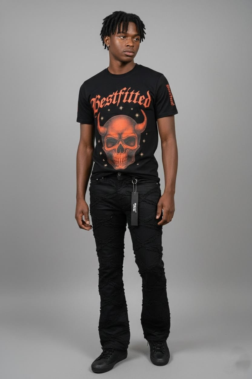 Men's Gothic Streetwear T-Shirt - Bestfitted Orange Skull Graphic & Sleeve Print