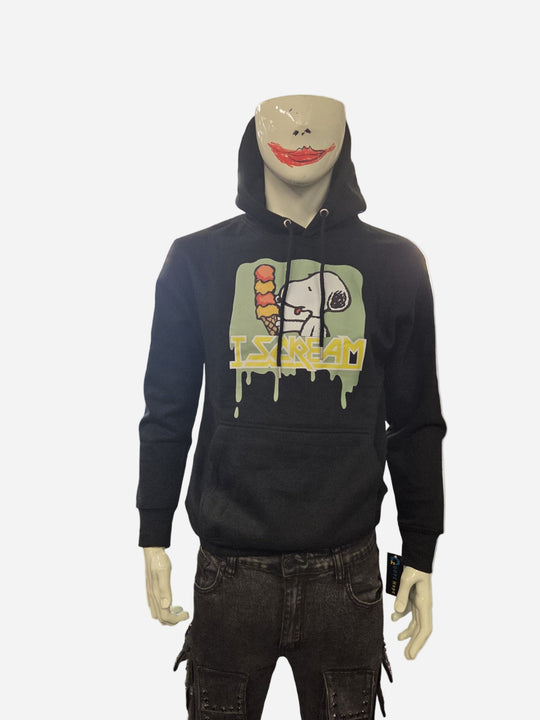 Black hoodie with graphic design on a mannequin against a white background